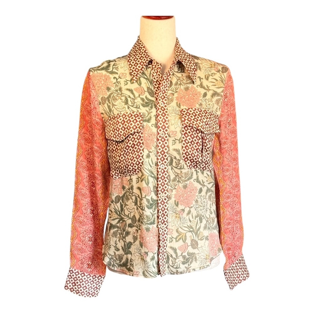 Tell Your Friends Floral Mixed Print Button-Up Blouse Boho Chic Indie To…